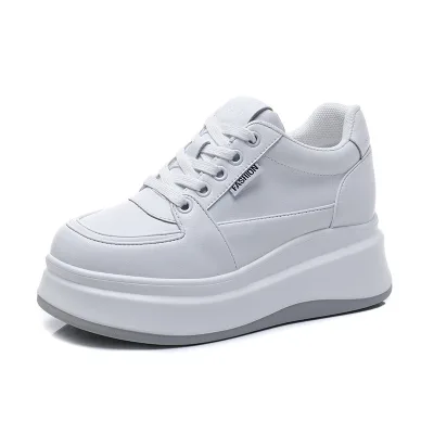 2023 Heightened Little White Shoes Women's Spring and Autumn Songcake Shoes Thick Sole Casual Cowhide Fashion Board Shoes