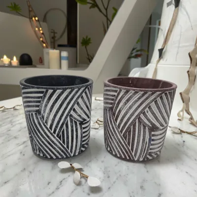 Wholesale Custom Handmade Cement Flower Pot Set of 2 Basketweave Stripe Texture Charcoal Maroon Indoor Planter