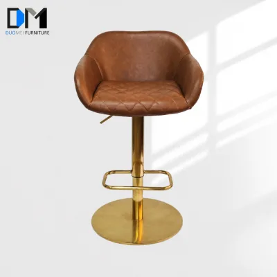 DM Manufacturer Vintage PU Leather Bar Stool with Adjustable Height Swivel Seat Arms and Gold Disc Base for Kitchen Island