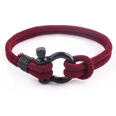 Handmade Silver Shackle Bracelet for Men Custom Logo Stainless Steel Nylon Clasp Nautical Wristbands Men's Gift