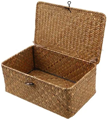 Handmade Eco Friendly Woven Natural Plant Flower Folding Foldable Seagrass Storage Box Rectangle Seagrass Baskets with Lid