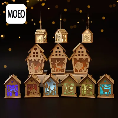 Wooden 3d Craft Christmas House Diy Gifts Window Ornaments Tree Hanging Wooden Snow House With Led Light