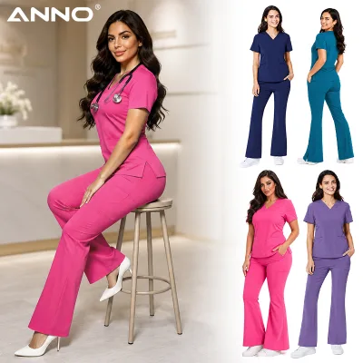 AANO Elegant Spa Beauty Salon Uniforms Women's Flare Scrub Pants Set V Neck Medical Scrubs for Dental Clinic Private Label