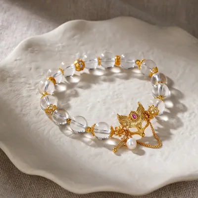 925 Sterling Silver Fox Pendant Bracelet 18K Gold Plated Clear Quartz Beaded Fashion Jewelry Unisex Gift Wholesale Supplier