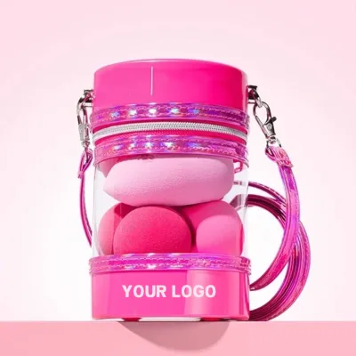 Portable Pink Makeup Sponge Set Zipper Round Clear Case Handheld Cosmetic Tool Kit Blender Sponges Makeup Sponges