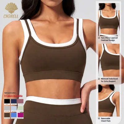 Trend 2026 Custom Logo 9 Colors Two Piece Layered Contrast Design Removable Pads Extra Support Gym Women Sports Bra