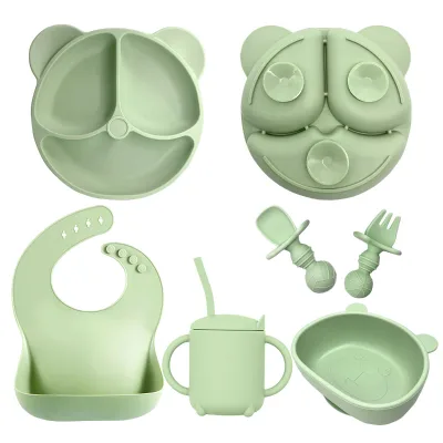 Silicone Feeding Set Suction Bowl - Baby Weaning Set - Spoon and Fork - Cup and Bowl - Divided Plate - Easy to Clean