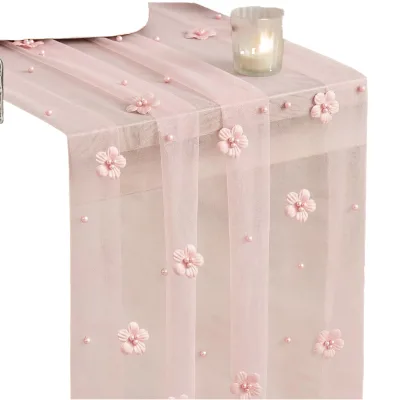 Pink Flower Pearl Gauze Table Runner Seasonal Sheer Dining Holiday Wedding Birthday Baby Shower Table Decor for Home Party