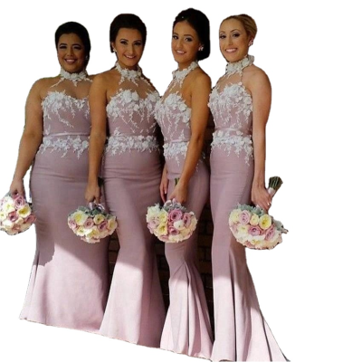 Graceful Halter Chiffon Long Mermaid Bridesmaid Dress With Flowers Lace Applique Dresses for Wedding Guests  ML120