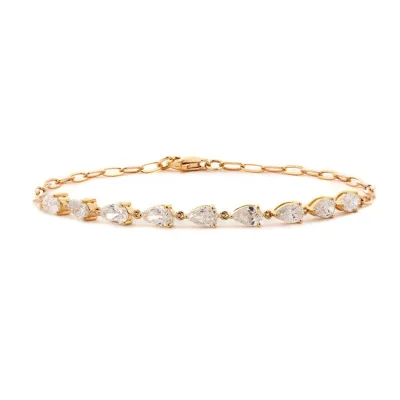 Gemnel Wholesale 925 Sterling Silver Jewelry Manufacturer 18K Gold Plated Rectangle Paperclip Chain Pear Cut Crystal Bracelet