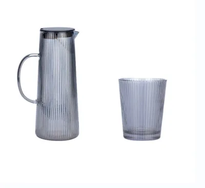 Vertical Striped Glass Water Carafe Pitcher Set Smoky Grey DishwasherSafe Glass Jug Tumbler Cup for Cold Beverage Iced Tea Juice