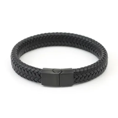 Free Logo Factory Cheap Price Magnetic Clasp Leather Bracelet Fast Delivery Black Wide Genuine Leather Bracelet for Men