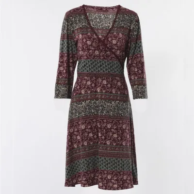 Wholesale OEM Manufacturer Floral print dress for women Long Sleeve dress wrapped upper front with crochet decoration