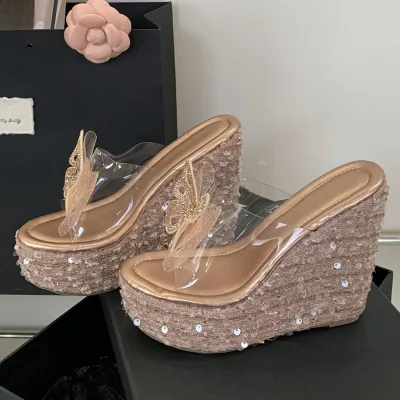 2025 New Summer Fashion Bow Shining Sandals TPU Casual Slope Heel Slippers Ultra High Heels