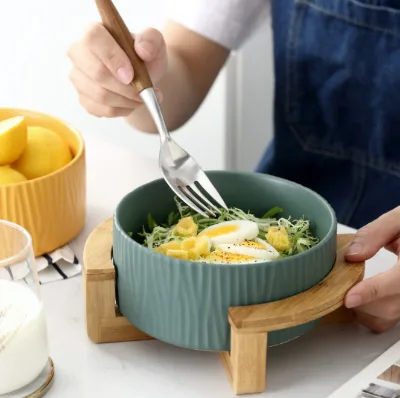 Hot Selling Ceramic Non-slip Pet Bowl Feed Bowl with Bamboo Stand