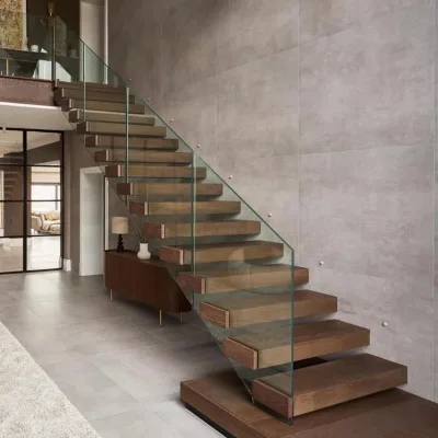 Modern Durable Open Risers Floating Stair Concealed Steel Frame Hardwood Treads Glass Railing Luxury Indoor Home Renovation