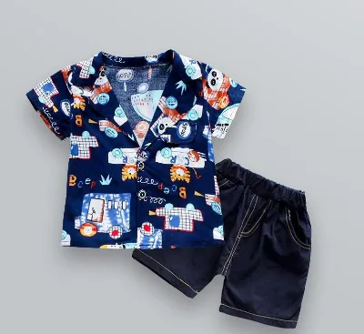 Hot Selling Kids 2 Piece Short Lapel V-neck Cartoon T-shirt Denim Pocket Pant Set From China Factory