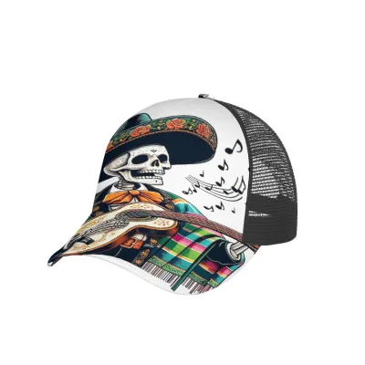 Custom All Over Print Trucker Hat Mexico Day Of The Dead Skull Mariachi Skeleton Trucker Cap Custom Logo For Men Women