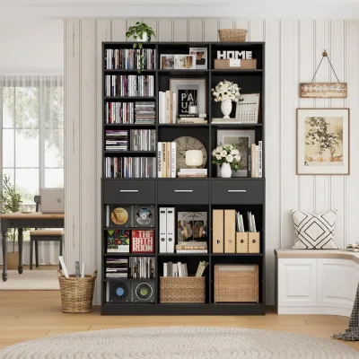 Modern Large Black Wood Showcase 3 Drawers Bookshelf Storage for Home Office Living Room Furniture Eco-Friendly LED Light DR530