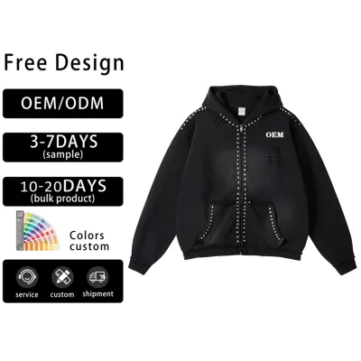 High Quality Acid Washed Raw Fray Hem Distressed Zipper Hoodie High Street Rhinestone Sun Faded Vintage Full Zipper Faded Hoodie