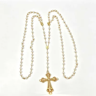 Wholesale Catholic Pearl Rosary Necklace Gold Cross Pendant Religious Wedding Baptism Jewelry for Church Supply