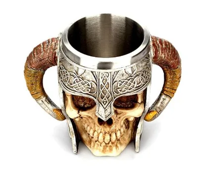 Viking Skeleton Mug with Horn Handles - Stainless Steel Cup Holds 17 Ounces - Gothic Medieval Tankard