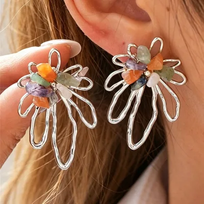 Vintage Stainless Steel Hollow Flower Stud Earrings Colorful Natural Stone Exaggerate Jewelry for Women Gift