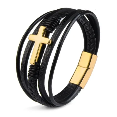 Cross-Border Style Cross Leather Bracelet for Men Multi-Layer Hand-Woven Rope Magnetic Clasp Genuine Leather Bangle