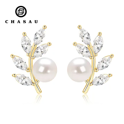 Wholesale Customized Luxury Premium 6-6.5mm Round Freshwater Pearl Olive Branch Jewelry Stud Earrings for Women