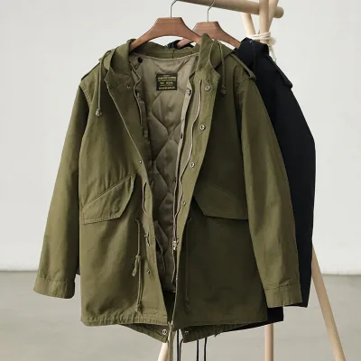 M51 Men's Vintage American Style Army Green Mid-Length Windbreaker Warm Quilted Liner Cotton-Padded Hooded Jacket Zipper Winter
