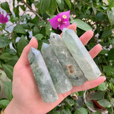 Wholesale Natural Prehnite Black Rutiled Quartz Point Crystal Tower for Meditation Decoration
