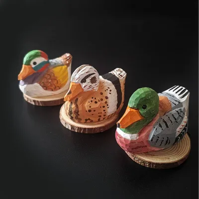 Wholesale of Handmade Wooden Carved Mandarin Duck Ornaments Green Headed Duck Tabletop Wooden Crafts