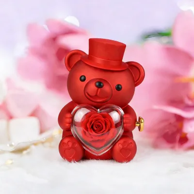 AYOYO Multi Color Teddy Bear Flip Over Rose Jewelry Box With Preserved Flowers Valentine's Day Gift