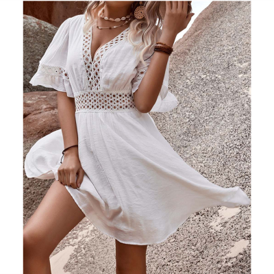New Summer V-neck Printed Lace Stitching Bohemian Casual Vacation Style Dress