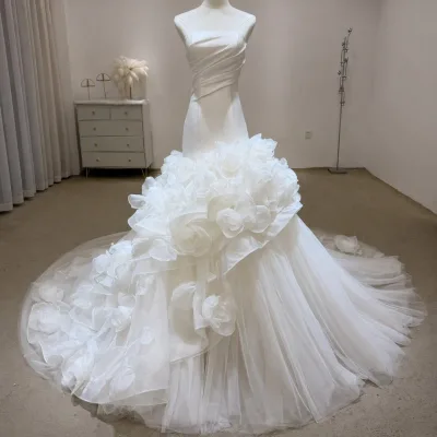 Jancember JJ161 Gorgeous Mermaid Wedding Dress 3D Organza Flowers Bodice Asymmetric Draping Full Skirt for Bride