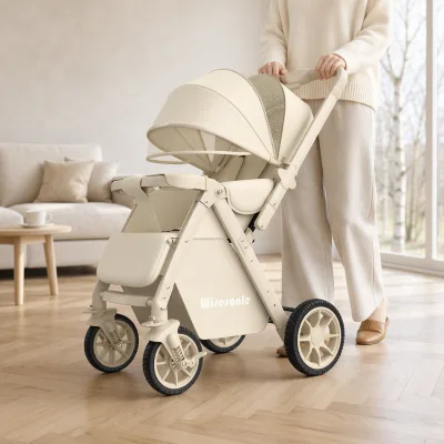 High Landscape Baby Stroller with Reversible Handlebar, One-hand Quick Fold & Canopy for Newborn