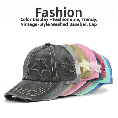 Sporty Star Patch Baseball Cap One Size Denim Fabric Dad Hat Breathable & Sweat-Absorbing Unisex All-Season Outdoor Casual