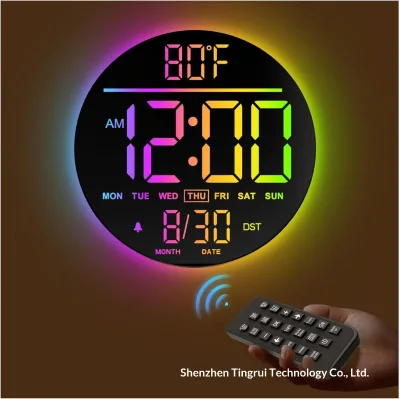 10-Inch Screen Large Digital Wall Clock with Timer Dimmer LED Display 8 Vibrant Colors Round Design Thermometer Alarm