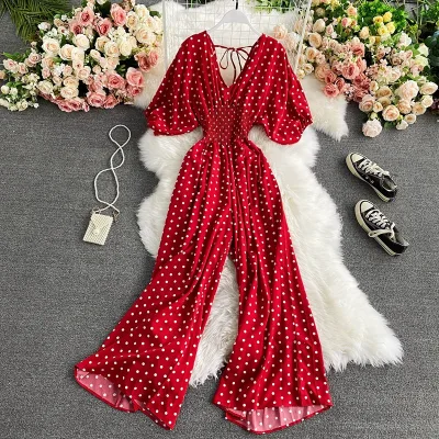 2026 New Arrival Women's Red Polka Dot Puff Sleeve Jumpsuit with Smocked Waist & Back Tie for Vacation & Party Wear