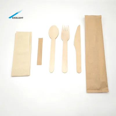 Disposable Wooden Takeaway Cutlery Set Custom Size in Paper Bag With Compostable Package