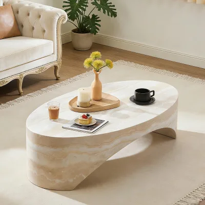 Wabi Sabi Fiberglass Coffee Table Organic Oval Travertine Texture Design