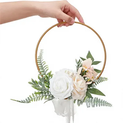 Wedding Floral Hoop Wreath Artificial Flower Bridesmaids Handheld Plastic Flower Garland Metal Ring Hoop Lintel Hanging
