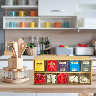 Multifunctional 2-Layer Bamboo Tea Bag Organizer Safe Unfinished Natural Wood Wood Crafts Wooden Boxes
