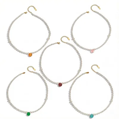 Fashion Agate Pendant Pearl Beaded Necklace for Women Luxury Collarbone Chain Pearl Necklaces
