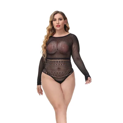 Wholesale Hollow Out Fishnet See-through Long Sleeve Transparent Backless Teddy Hot Sexy Lingerie Bodystockings