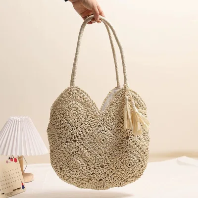 Wholesale Hand Woven Boho Straw Tote Summer Beach Bag Handbag Large Crochet Straw Shoulder Bag with Tassels