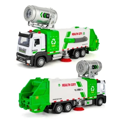 Alloy Electric Vacuum Spray Garbage Truck Toy Pull Back City Sanitation Street Sweeper Car with Spray Simulation for Kids