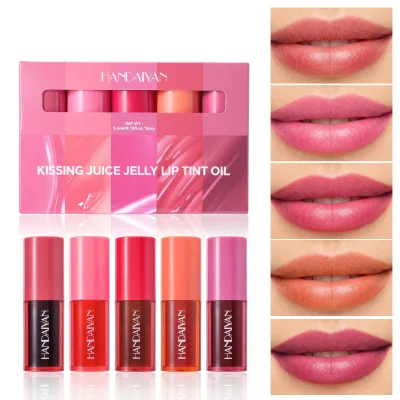 5Pcs Kissing Juice Jelly Lip Tint Oil Set 2-in-1 Long Lasting Non-Stick Cup Lip and Cheek Tint Waterproof Liquid Lipstick