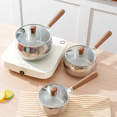 12cm 600ml Classic 304 Stainless Steel Soup & Stock Pot with Glass Cover and Wood Handle for Induction & Gas Stoves