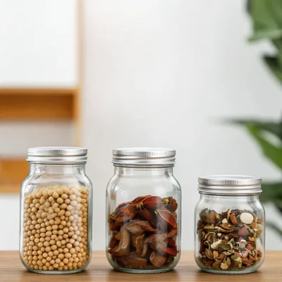 Clear Glass Storage Jar With Aluminium Lid, Airtight Food Preserve Mason Bottle for Tea Nuts Condiment Cereal Honey